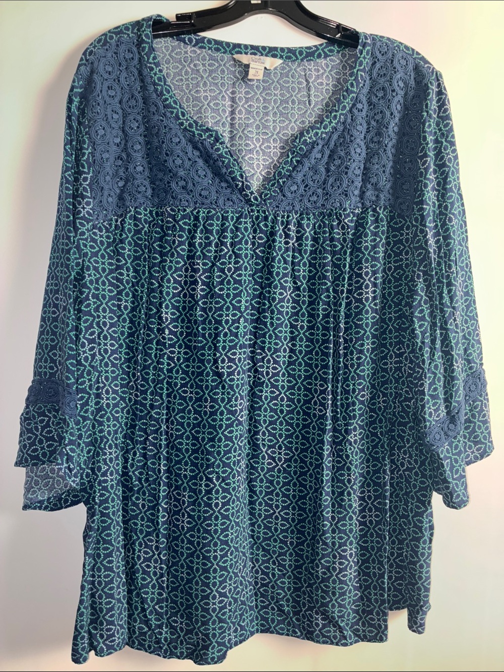 Croft & Barrow Blue and Teal Patterned Lace-Yoke Blouse